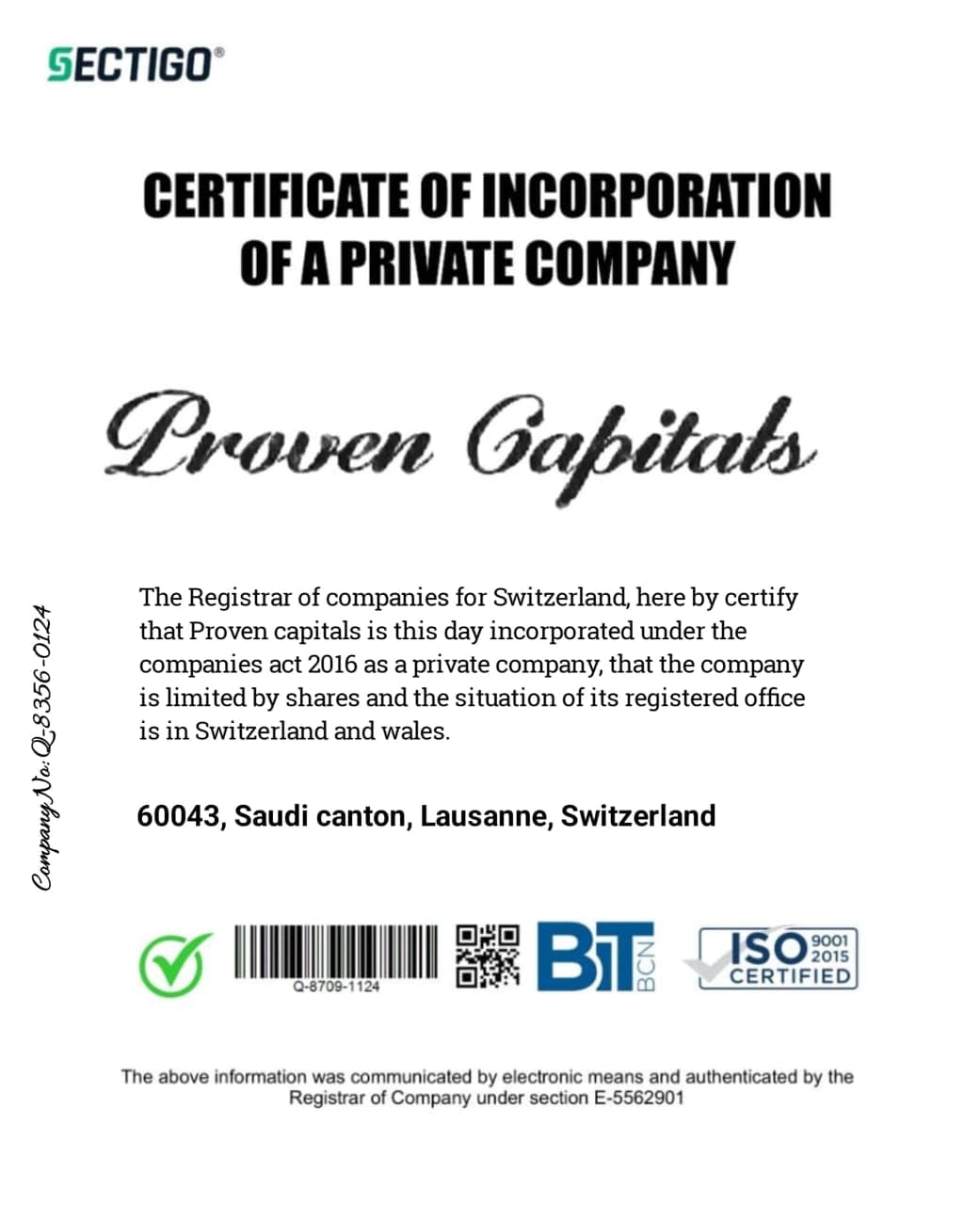 ProvenCapitals Certificate of Incorporation